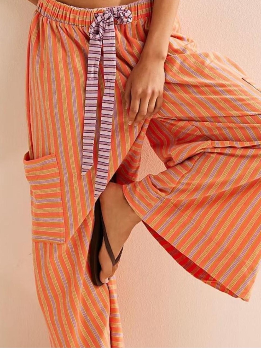 Free People Orange Striped Wide-Leg Pants with Contrasting Drawstring